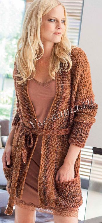 Красно-коричневый кардиган с широкими планками, фото Красно-коричневый кардиган с широкими планками, фото