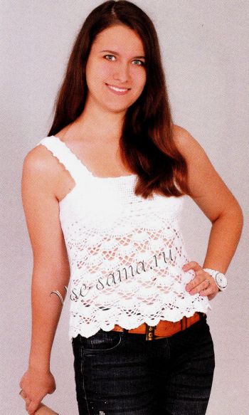 Белая майка на бретелях крючком, фото Белая майка на бретелях крючком, фото