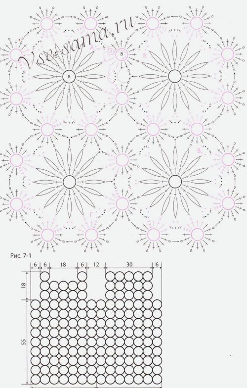 Схема и выкройка для вязания голубого цветочного платья Схема и выкройка для вязания голубого цветочного платья