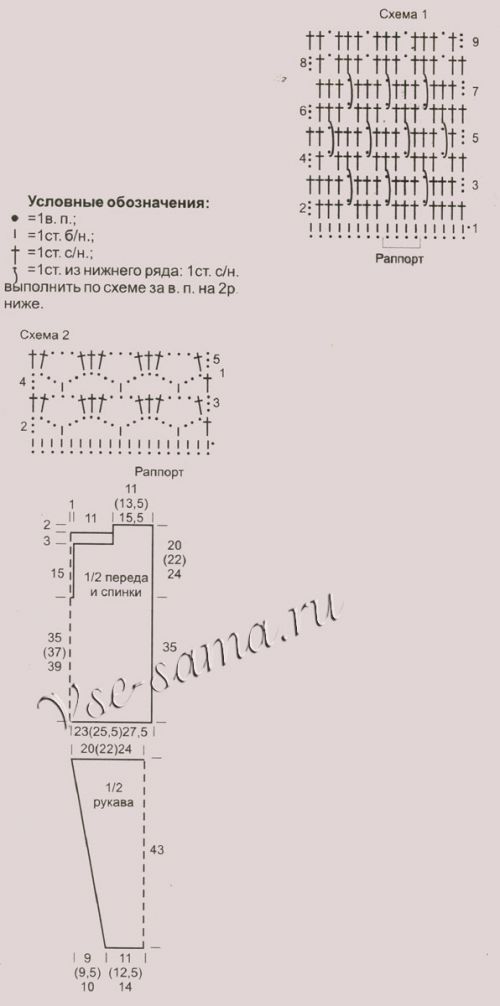 Схема и выкройка для вязания пуловера Схема и выкройка для вязания пуловера
