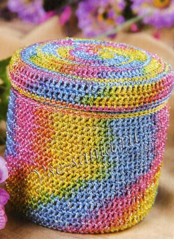 Шкатулка крючком в розово-желто-голубых тонах, фото Шкатулка крючком в розово-желто-голубых тонах, фото