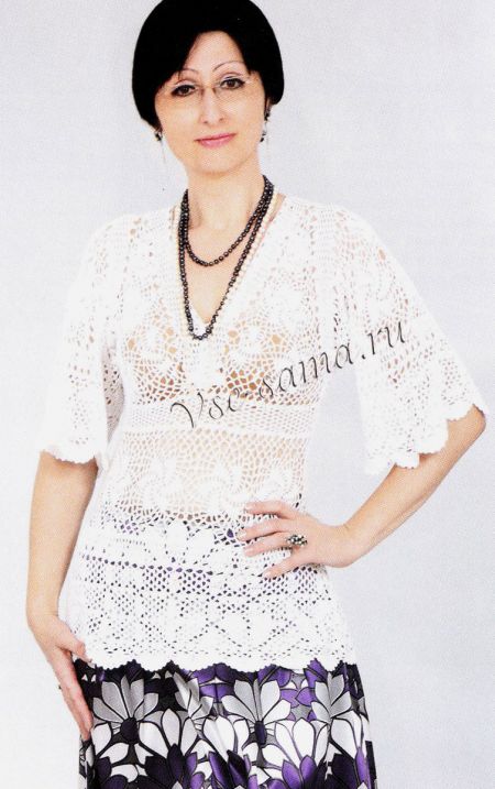 Белый нарядный пуловер крючком, фото Белый нарядный пуловер крючком, фото