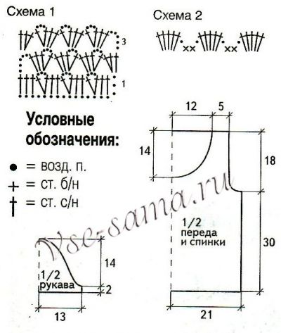 Бирюзовый пуловер крючком с короткими рукавами, схемы