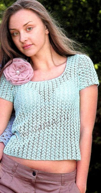 Бирюзовый пуловер крючком с короткими рукавами Бирюзовый пуловер крючком с короткими рукавами