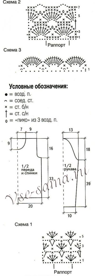 Голубой пуловер крючком, схема