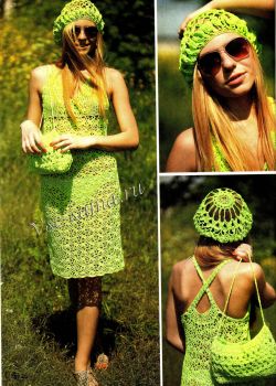 Салатовый комплект - сарафан и берет, сумочка крючком Салатовый комплект - сарафан и берет, сумочка крючком