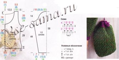 Зелёный жакет крючком с контрастными планками и сумочка