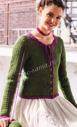 Зелёный жакет крючком с контрастными планками и сумочка Зелёный жакет крючком с контрастными планками и сумочка