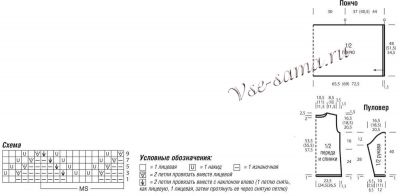 Схема и выкройки для вязания пуловера и пончо Схема и выкройки для вязания пуловера и пончо