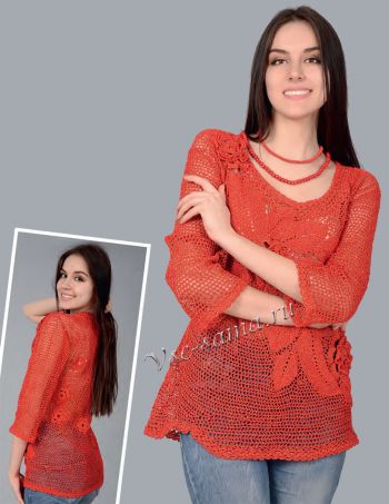 Красный пуловер крючком из мотивов, фото Красный пуловер крючком из мотивов, фото