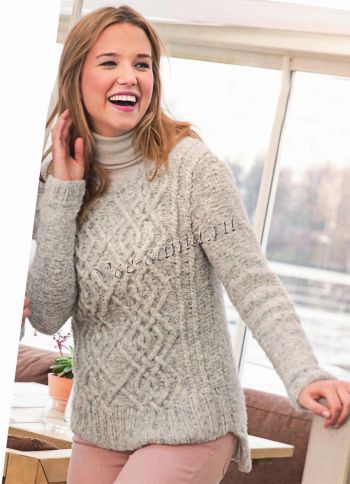 Пуловер белый меланжевый с узором из кос, фото Пуловер белый меланжевый с узором из кос, фото