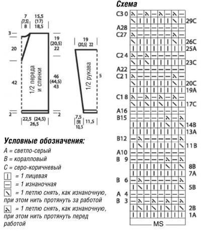 Выкройка и схема для вязания пуловера