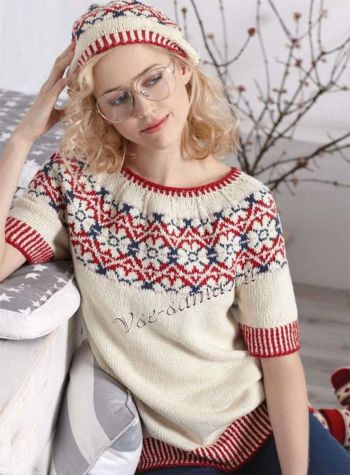 Пуловер с жаккардовыми цветами и берет, фото Пуловер с жаккардовыми цветами и берет, фото