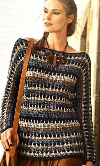 Пуловер в полоску с цельновязаными рукавами, фото Пуловер в полоску с цельновязаными рукавами, фото