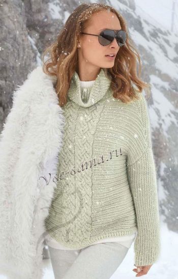 Ребристый пуловер с центральной косой, фото Ребристый пуловер с центральной косой, фото