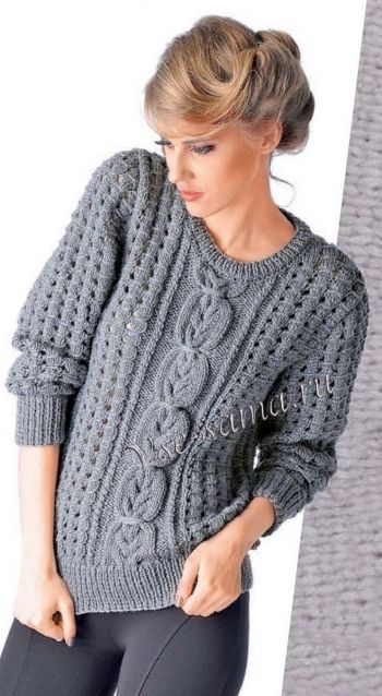Серый женский пуловер с косами, фото Серый женский пуловер с косами, фото