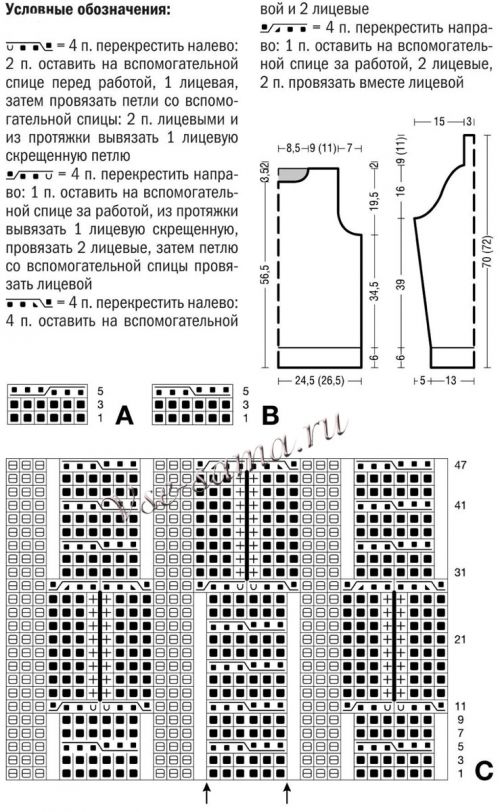Схемы и выкройка для вязания пуловера Схемы и выкройка для вязания пуловера