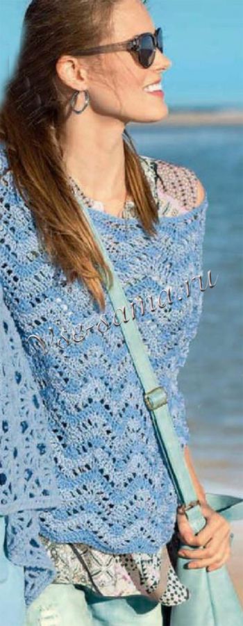 Светло-голубой пуловер, связанный крючком, фото Светло-голубой пуловер, связанный крючком, фото