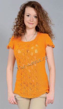 Желтый пуловер спицами с ажурным узором Желтый пуловер спицами с ажурным узором