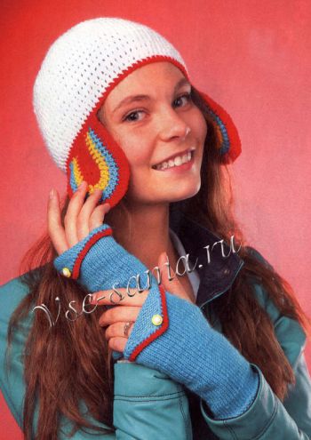 Белая шапочка и бирюзовые митенки, фото Белая шапочка и бирюзовые митенки, фото