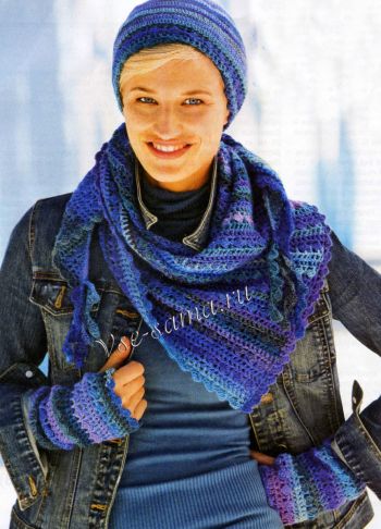 Платок, шапочка и митенки, фото Платок, шапочка и митенки, фото