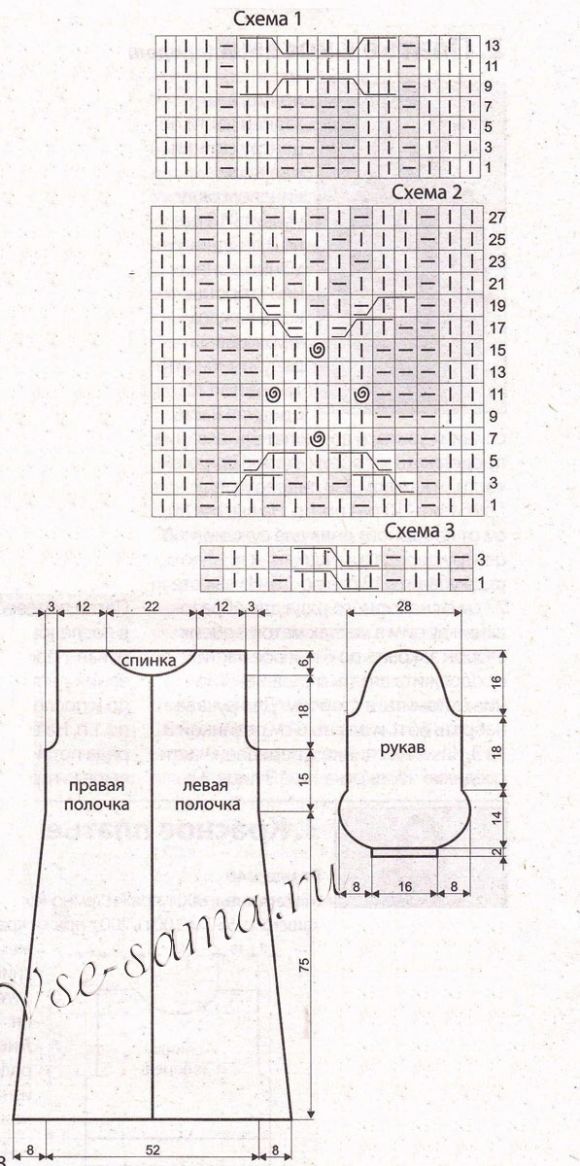 Выкройка и схема для вязания белого пальто с косами Выкройка и схема для вязания белого пальто с косами