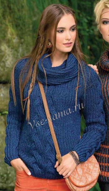 Синий пуловер и снуд, фото Синий пуловер и снуд, фото