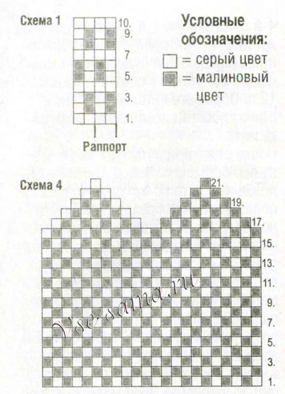 Схемы для вязания варежек с орнаментом: схема 1 и 4 Схемы для вязания варежек с орнаментом: схема 1 и 4