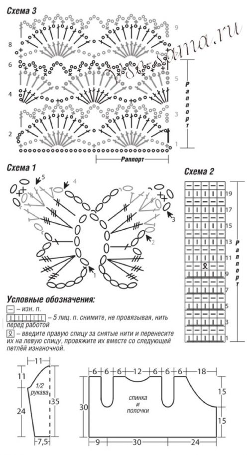 Схемы и выкройка для вязания жакета с бабочками Схемы и выкройка для вязания жакета с бабочками