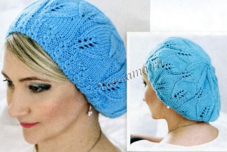 Берет спицами Голубые листья, фото Берет спицами Голубые листья, фото