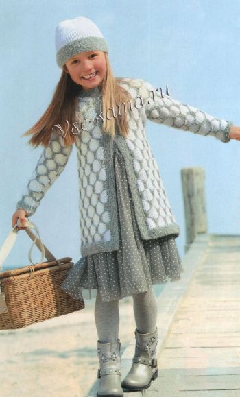 Бело-серый жакет с узором «соты» и шапочка, фото Бело-серый жакет с узором «соты» и шапочка, фото