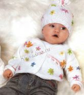 Белый жакет с цветочками и шапочка спицами Белый жакет с цветочками и шапочка спицами