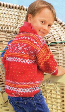 Красный пуловер спицами с норвежскими узорами Красный пуловер спицами с норвежскими узорами