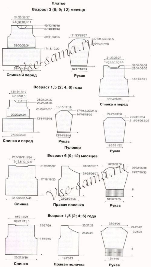 Пуловер, платье, гетры, шапочка и джемпер спицами, выкройка Пуловер, платье, гетры, шапочка и джемпер спицами, выкройка