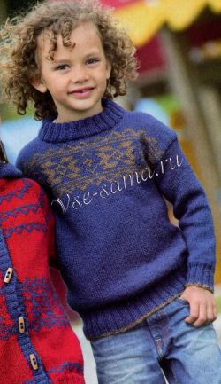 Синий пуловер спицами с орнаментом Синий пуловер спицами с орнаментом