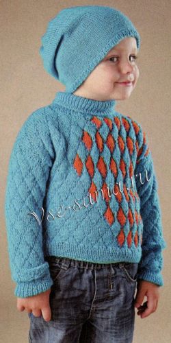 Свитер спицами с ромбами и шапочка Свитер спицами с ромбами и шапочка