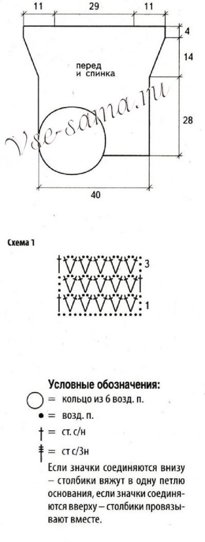 Схема 1, выкройка и условные обозначения для вязания топа Схема 1, выкройка и условные обозначения для вязания топа