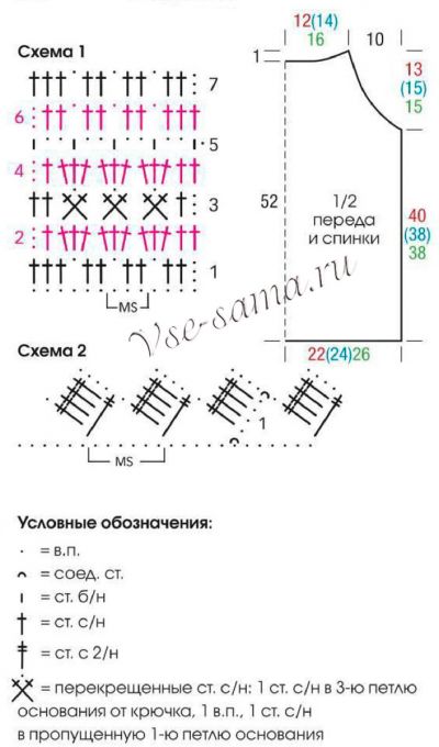 Схемы и выкройка для вязания летнего топа Схемы и выкройка для вязания летнего топа