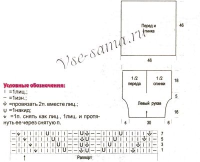 Схема, выкройка и условные обозначения для вязания туники Схема, выкройка и условные обозначения для вязания туники